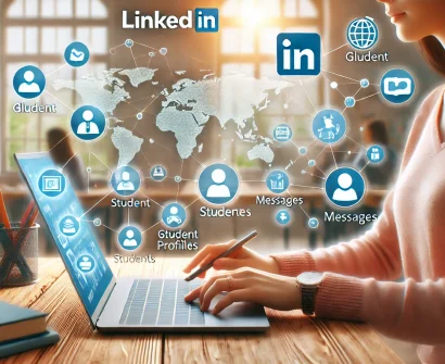 A teacher using a laptop to browse LinkedIn, with icons symbolizing global student connections in a modern workspace.