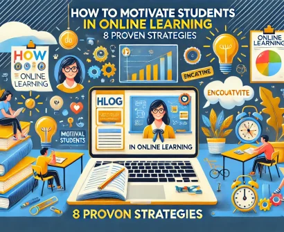 A diverse group of students engaged in an online learning session, interacting with their teacher through a laptop, illustrating the importance of motivation in online education.