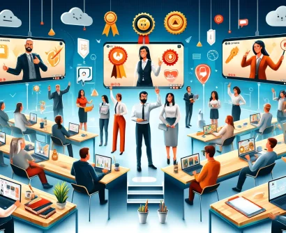 A high-energy digital illustration featuring online educators competing in a virtual classroom, using modern teaching tools like laptops, tablets.