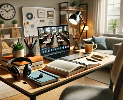 "A teacher working from home, using a laptop to conduct online classes in 2024."